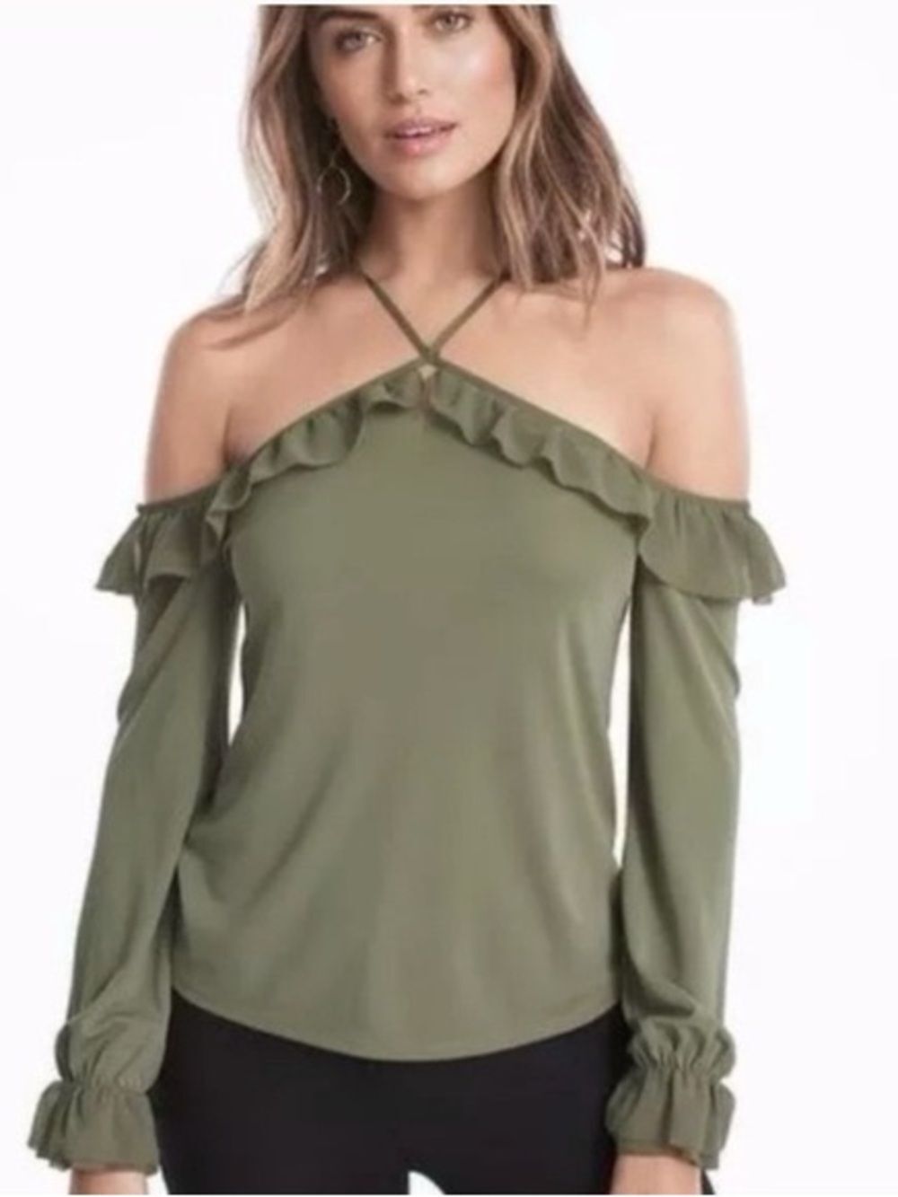 White House Black Market green Ruffle Blouse